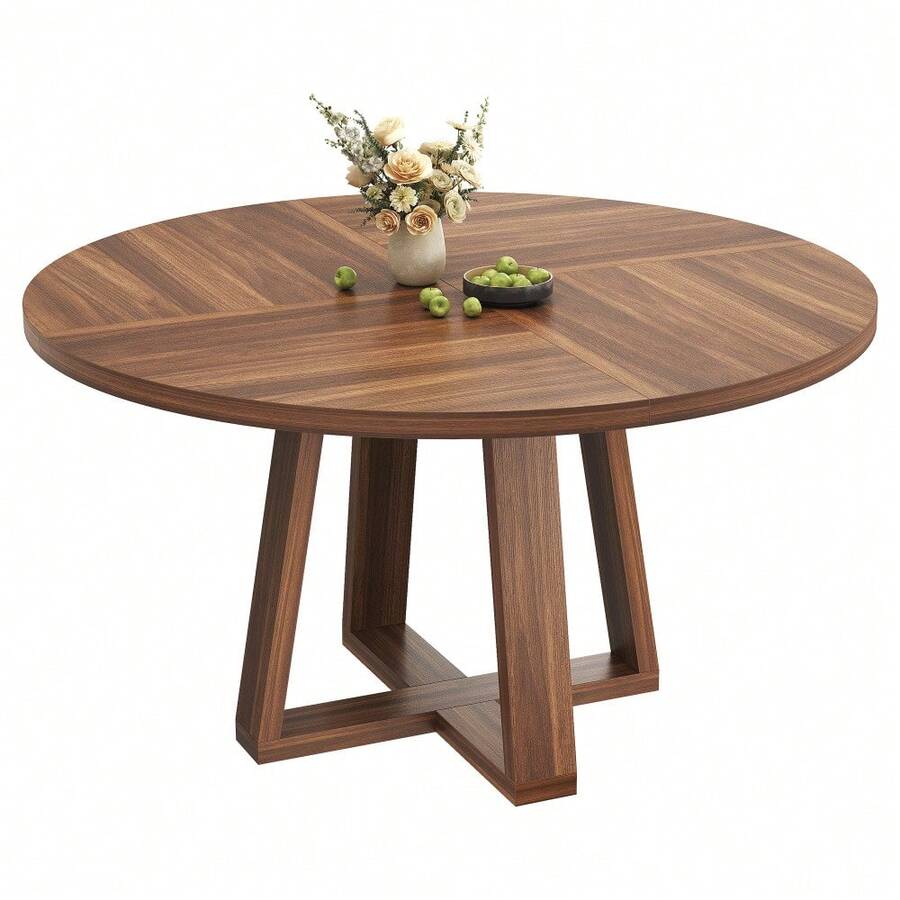 strundghti 47 Inch Round Dining Table With Wooden Cross Pedestal Base, Farmhouse Circle Dinner Table For Kitchen & Living Room (Table Only) - Walnut - View 1