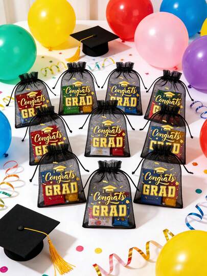 20/10/1个黑色和金色渐变丝绸抽绳礼品袋，印有“毕业祝贺”字样和星形毕业证书图案，适合装饰毕业派对首饰、糖果、零食，2026届毕业礼物