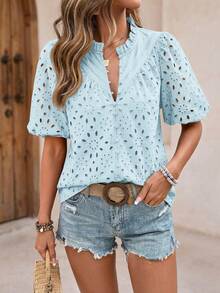 Women's Summer Clothes Tops Fashion Casual Short Sleeve V Neck Buttons Hollow Eyelet Lace Embroidered Blouses Shirts Festival  Beach Vacation  Light Blue  Outfits Women Tops For Women - 淺藍色 - 查看 6