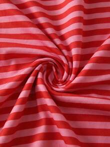 经典百搭杏色和棕色条纹优雅夏季女装，休闲圆领短袖T恤 - 紅色 - 查看 3