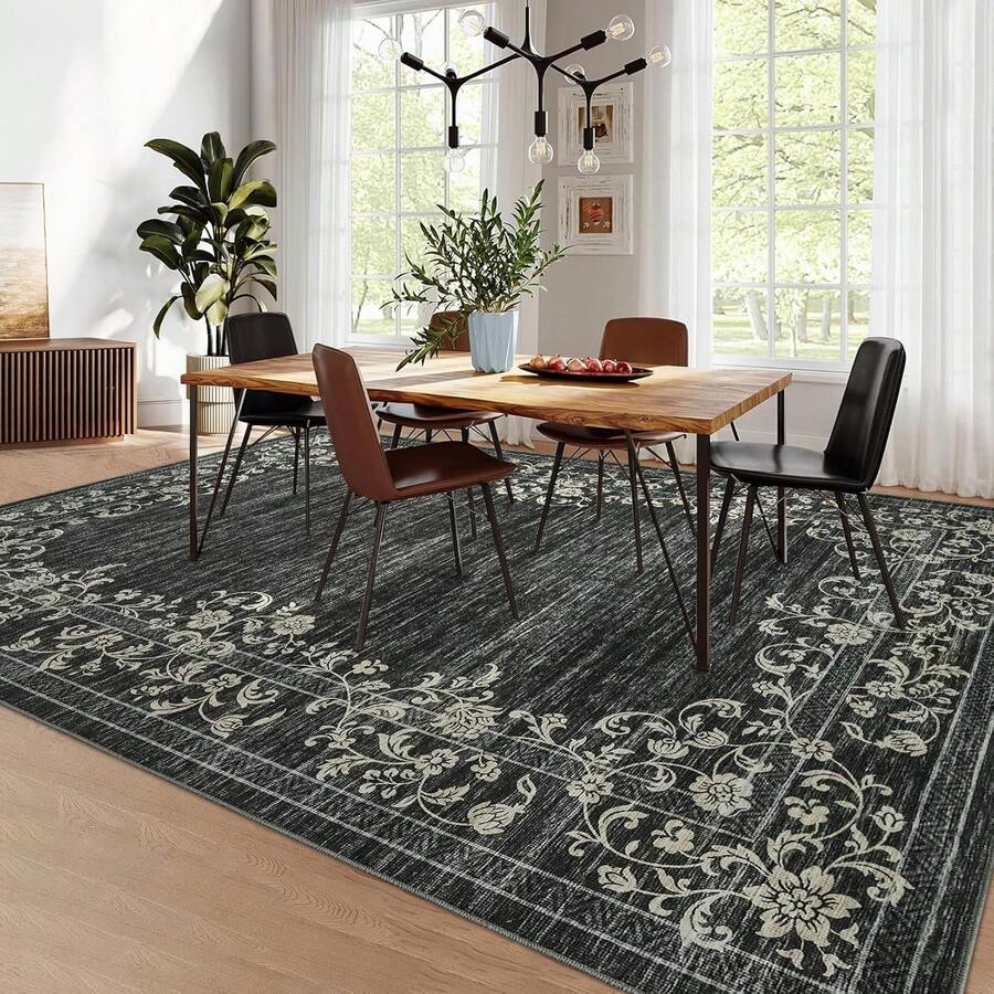 Waschbarer Teppich, moderner Wohnzimmerteppich mit floralem Rand, fleckenabweisender Indoor-Teppich mit rutschfester Rückseite, kurzfloriger Bodenbelag für Schlafzimmer, Büro und Esszimmer - Schwarz - Übersicht 1