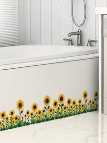 1pc Sunflower Floral Border Sticker With Green Leaves, Bright Yellow Sunflower Wall Art Decal Suitable For Room, Kitchen Or Hallway Decoration - 1PC - View 2