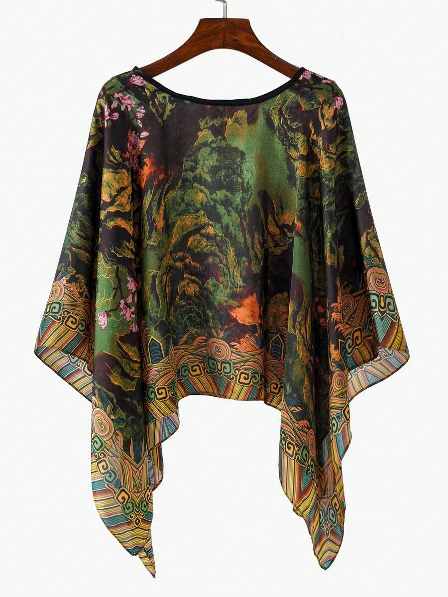 1pc Women's Retro Elegant Landscape Retro Print Faux Silk Short Shawl, Casual Travel Versatile Sun Protection Scarf For Spring/Summer - Multicolor - View 1