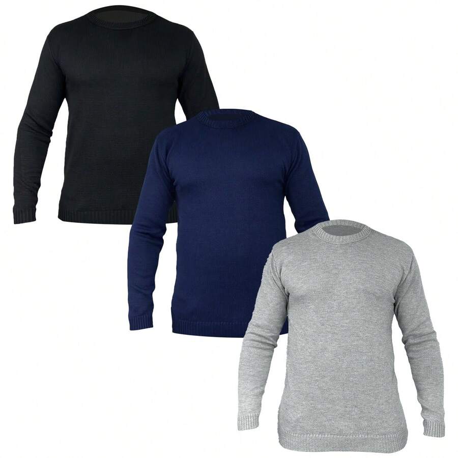 Set Of 3 Men's Knit Wool Ribbed Crew Neck Sweaters For Autumn/Winter, Regular Fit, Perfect For Daily Wear, Holidays, Evenings Out, And Home Wear. - Black/Navy Blue/Gray - View 1