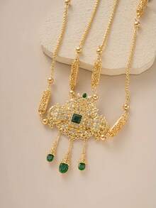 手工微镶嵌水晶金属摩洛哥婚礼身体饰品，阿拉伯新娘肩链 - 金色 - 查看 2