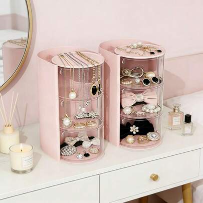 2pcs Set Rotating Multi-Layer Transparent Jewelry Storage Box | Dust-Proof Plastic Material, Rotating Design, Clear Visibility | Multipurpose Desktop Organizer For Jewelry, Cosmetics/Pencils, Arts & Crafts, Hair Accessories, Christmas/Valentine's Day/Birthday Gift | Jewelry & Accessory Storage Box