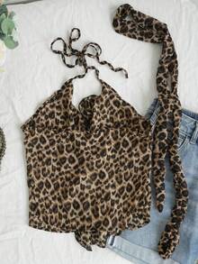 Sexy Leopard Print Spaghetti Strap Camisole Top, Fitted Cropped Revealing Blouse For Summer - Leopard Print - View 8
