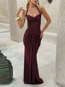 Spaghetti Strap Backless Waist Cinched High Slit Dress, Mesh Patchwork Vacation Party Dress Wedding Spring - 中紫紅色 - 查看 5
