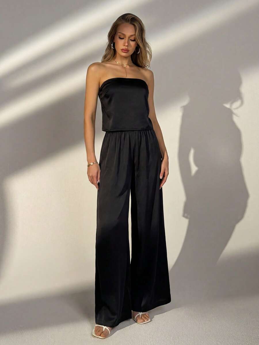 Bộ 2 món: Áo quây không dây bằng satin thanh lịch & Quần ống rộng - Thiết kế nhiều dây phía sau, phù hợp cho khách dự đám cưới, dã ngoại mùa hè, kỳ nghỉ biển, lễ hội, đi chơi đêm và phong cách đường phố thường ngày. - màu đen - Xem 1