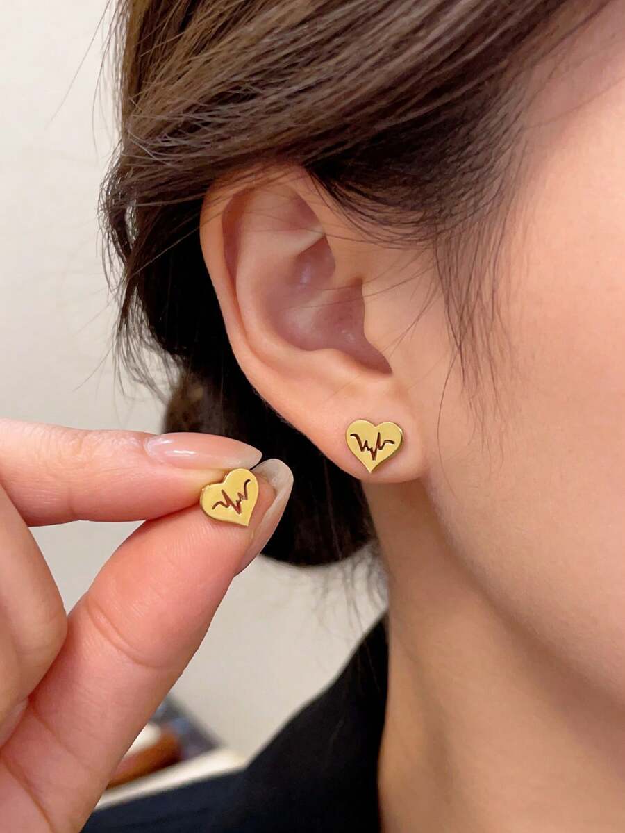 1 Pair Gold Hollow Heart ECG Earrings, Stainless Steel Jewelry, Unisex, Heartbeat Gift For Lover, Mother's Day Surprise For Mom - Gold - View 1