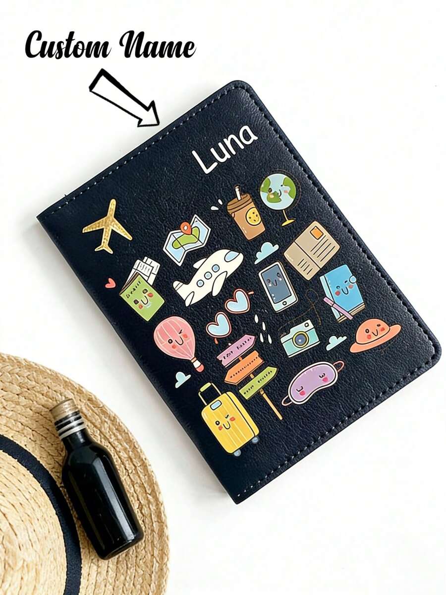 1 Custom Text Name Passport Holder - Cute Cartoon Fashionable Minimalist Style Lightweight Open-Closure Design Travel Document Case, Suitable For Business, Vacation, And Formal Occasions - Ideal Gift For Travelers, Essential For Business Trips - Multicolor - View 1