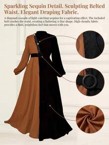 Women's Modern Fashionable Color Block Arabic Robe, High-Waist Rhinestone Embellished Robe, Dignified And Elegant Spring Black - Black - View 5
