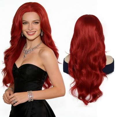 Tóc giả dài gợn sóng màu đỏ tươi cho nữ, kích thước 13x4.5x1 inch, ren trong suốt HD hình chữ T, tóc giả tổng hợp chịu nhiệt, gợn sóng, rẽ ngôi giữa tự nhiên với tóc con, hoàn hảo cho kỳ nghỉ, cosplay, tiệc tùng và sử dụng hàng ngày, dễ tạo kiểu và không cần keo dán.