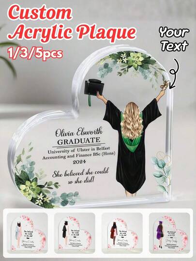 1/3/5 piezas Placa acrílica personalizada con forma de corazón para graduación, recuerdo acrílico personalizado con nombre y texto, decoración acrílica transparente de alta calidad para graduación, disponible en varios estilos para graduados, perfecto para la temporada de graduación, el día de la graduación, Pascua, Día de la Madre, Día del Padre, ideal para regalos de graduación, decoración de escritorio, exhibición en estantes y recuerdos conmemorativos