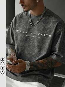 GRDR Men's Letter Print Washed Round Neck Short Sleeve T-Shirt, Comfortable & Breathable For Summer Wear - Dark Grey - View 2