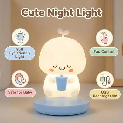 1个可充电床头灯，拍手灯，夜灯，台灯，电池灯，感应灯，卧室灯，触摸灯，可爱花蕾造型夜灯，带白噪音LED灯，柔软硅胶材质（可助眠），柔软硅胶材质，适用于儿童房，LED触摸灯，三级调光，是儿童房装饰、室内装饰的理想选择，1200mAh电池
