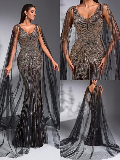 IBTRLY Đầm dạ hội sang trọng, cao cấp mới, đính sequin lấp lánh, phối ren và lưới, tay dài, lưng hở, xẻ cao, thích hợp cho tiệc tùng, sinh nhật, dạ hội, sự kiện thảm đỏ, đám cưới. Màu đen.