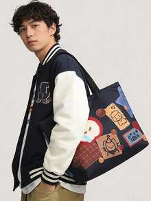 Navy Blue Denim Apple Cartoon Canvas Tote Bag, Large Capacity For College Students, Work Commute, School, Suitable For University - Navy Blue - View 2