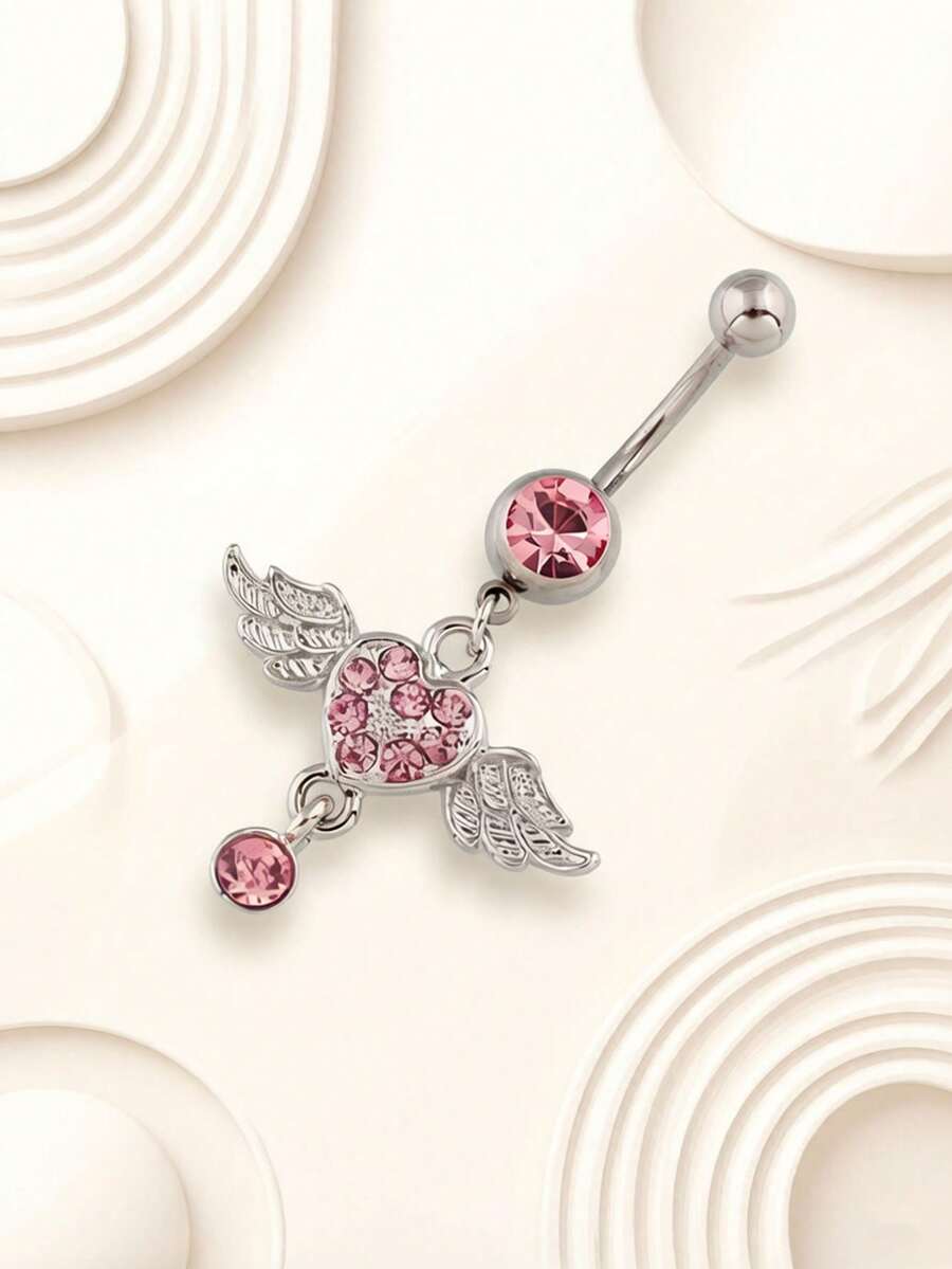 1pc Heart Angel Wings Navel Ring, European And American Fashion Belly Button Piercing - Silver - View 1