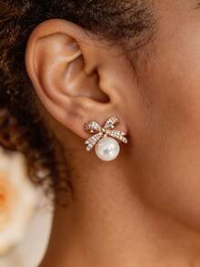 1pair Bowknot-Shaped Faux Pearl & Rhinestone Inlaid Earrings With Elegant And Sophisticated Design Valentines - 金色 - 查看 2