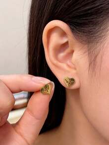 1 Pair Gold Hollow Heart ECG Earrings, Stainless Steel Jewelry, Unisex, Heartbeat Gift For Lover, Mother's Day Surprise For Mom - Gold - View 11
