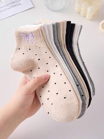 4双装女士可爱透气蝴蝶结波点图案短袜，隐形内衬袜，黑白两色，适合日常休闲穿着，春夏四季皆宜