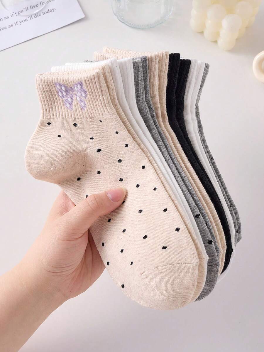 4 Pairs Women's Cute Breathable Bow Polka Dot Pattern Ankle Socks, Invisible Liner Socks, White And Black, Suitable For Casual Daily Wear, Applicable For Spring/Summer All Year Round - View 1