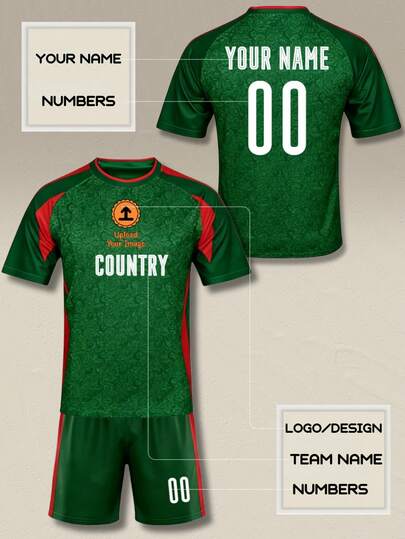 Conjunto de jersey de fútbol personalizado para hombres: Kit de fútbol verde bosque y rojo con gráfico texturizado, nombre personalizado, número y logotipo del país. Uniforme de entrenamiento transpirable para partidos y aficionados.