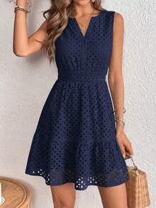 PRETTYGARDEN Women's Summer Dress Sleeveless V Neck Eyelet Cutout Swinging A-Line Flowy City Walks Wedding Guest Graduation Beach Vacation Sun Dress - 藏蓝色 - 查看 5