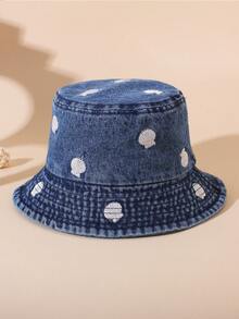 女士休闲浅蓝色水洗牛仔布渔夫帽，饰有贝壳刺绣，夏季沙滩遮阳帽，度假帽 - 漁夫帽 - 查看 7