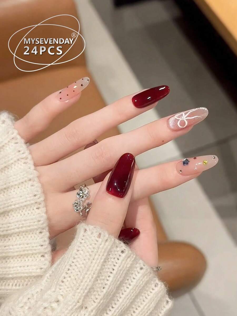 30pcs Long Almond Shape/Vintage Burgundy Gradient Nail Stickers, Exquisite And Gentle, Suitable For Daily Commute, Dating, Holidays And Other Occasions, A Versatile Long-Lasting Sweet Cool Girl Style Nail Sticker - Multicolor - View 1