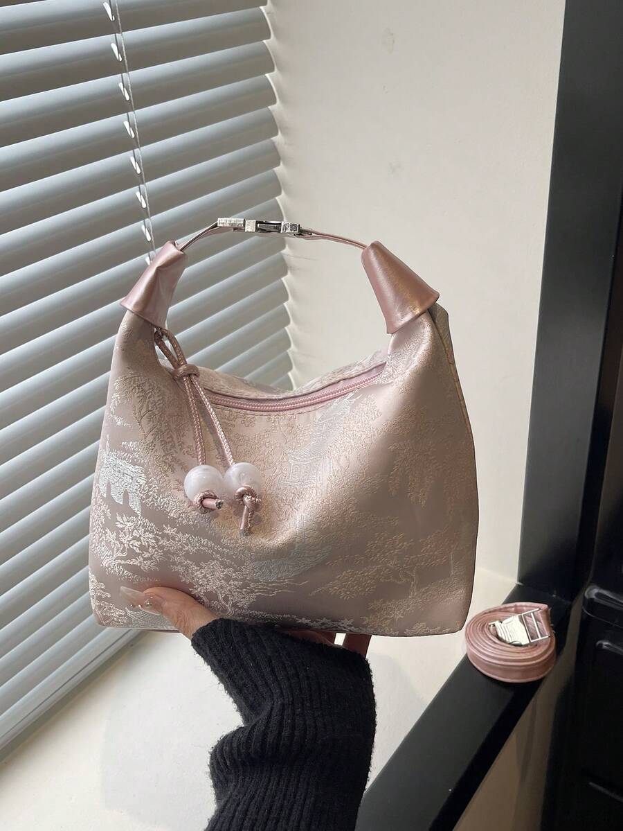 1件绗缝拉链封口印花新月刺绣锁扣手提包，通勤多功能单肩包，斜挎包，时尚女士晚宴手拿包，口红包，时尚礼品，适合女士派对、晚宴和日常使用