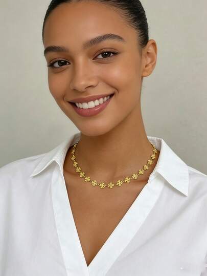 1pc 18K Gold Plated Stainless Steel Handcrafted Embossed Minimalist Chain Necklace, Suitable For Daily Decoration And Layering