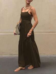 Vacation Casual Solid Color Backless Spaghetti Strap Dress - Coffee Brown - View 4