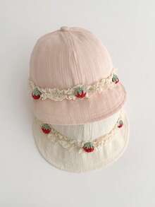1pc Baby Girls Lace Strawberry Soft Brim Cap, Adjustable Large Brim Breathable Sun Hat For Outdoor - Children's Lace Strawberry Baseball Cap - View 3