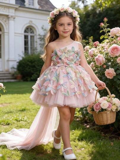 Girls' Cute Big Bow Sequin Flower Applique Detachable Trailing Princess Dress, For Birthday Party, Wedding, Flower Girl, Gathering, Evening Gala, Stage Performance