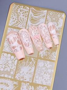 Bộ 3 khuôn dập móng tay ren kèm dụng cụ dập và gạt khuôn, khuôn ren hoa vàng, khuôn họa tiết ren lưới không đều, khuôn vẽ móng tay gợi cảm, dụng cụ tự làm móng, phụ kiện làm móng chuyên nghiệp. - Vàng - Xem 3
