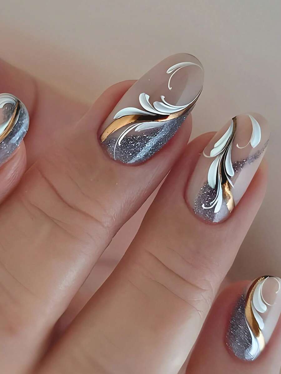 24 móng tay giả dán ngắn hình oval kiểu Pháp, móng màu bạc Y2K, họa tiết lông vũ, móng acrylic dán tái sử dụng, phụ kiện làm móng giả, tặng kèm 24 miếng dán gel và một dũa mini. - Bạc - Xem 1