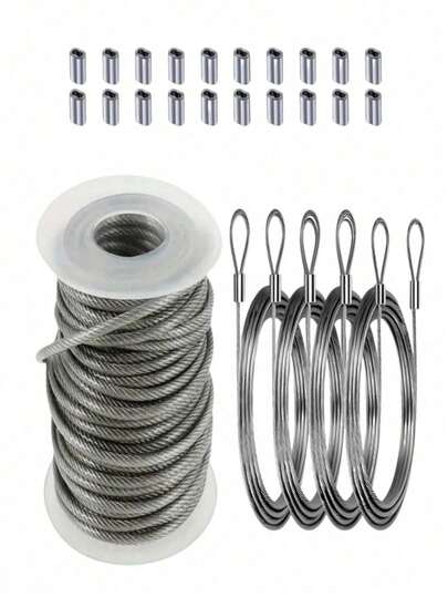 1 Set 120m 0,8mm Stahlseil mit 20 rechteckigen Quetschhülsen, geeignet für Wäscheleine