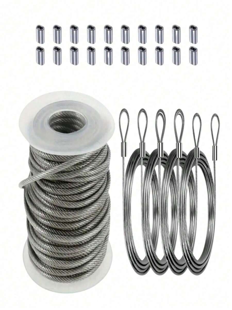 1 Set 393ft 1/32" Steel Wire Rope With 20 Rectangular Crimping Sleeves, Suitable For Clothesline - Silver - View 1