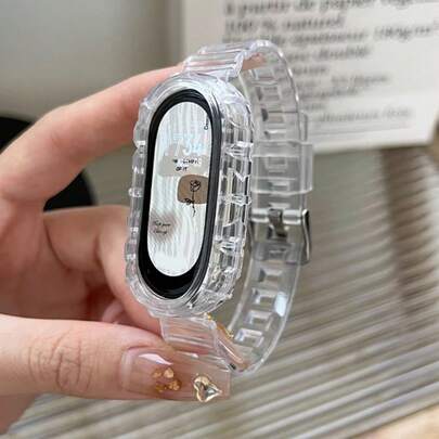 夏季荧光色透明一体式表带，兼容小米手环10/9/8/7/6/5，支持NFC，时尚冰川装甲运动手环，智能手表配件表带