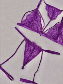 Sexy Lingerie Set With Thong, Choker, And Garter Belt, Lace, Contrasting Detail, Summer Sets - Purple - View 8