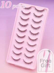 1/5/10 Pairs Layered Ultra-Fine Natural False Eyelashes, Fluffy Soft Thick 3D Mink Lashes, Long Slim Lashes With Messy Lash Roots, Multi-Layer Lashes, Short & Dense Lashes, Popular Japanese & Korean Style Transparent Invisible Lash Roots, Comes With Pink Eyelash Tweezers & Pink Eyelash Brush - Natural Lashes - View 3