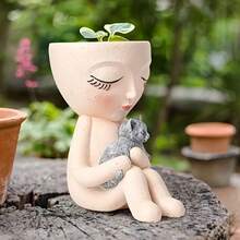 1pc White Sitting Girl Holding Cat Resin Vase, Creative Succulent Planter For Outdoor Garden Decor - Girl Holding a Cat and a Vase - View 7