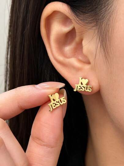 1 Pair Gold Jesus Letter Stud Earrings, Stainless Steel Jewelry That Won't Fade, Unisex, Suitable For Ascension Day