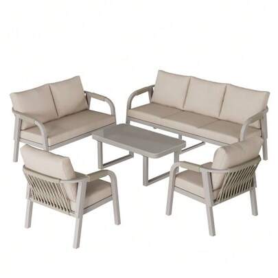 Garden Set For 7 People, Including A 3-Seater Sofa, A 2-Seater Sofa, 2 Armchairs And A Coffee Table. Glass Top, Galvanized Iron Frame, Braided Rope Design, Grey.
