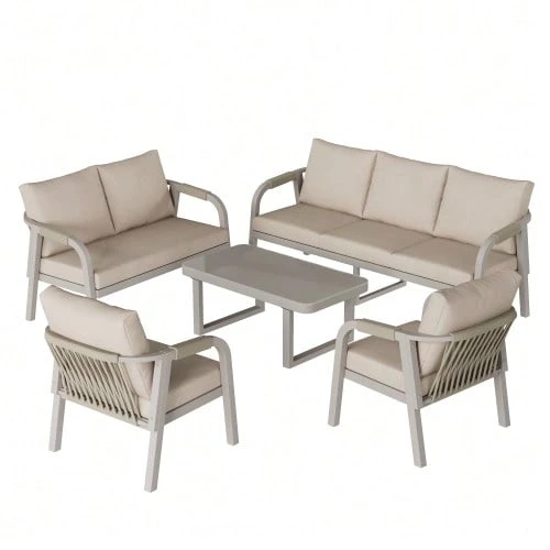 Garden Set For 7 People, Including A 3-Seater Sofa, A 2-Seater Sofa, 2 Armchairs And A Coffee Table. Glass Top, Galvanized Iron Frame, Braided Rope Design, Grey. - Beige - View 1