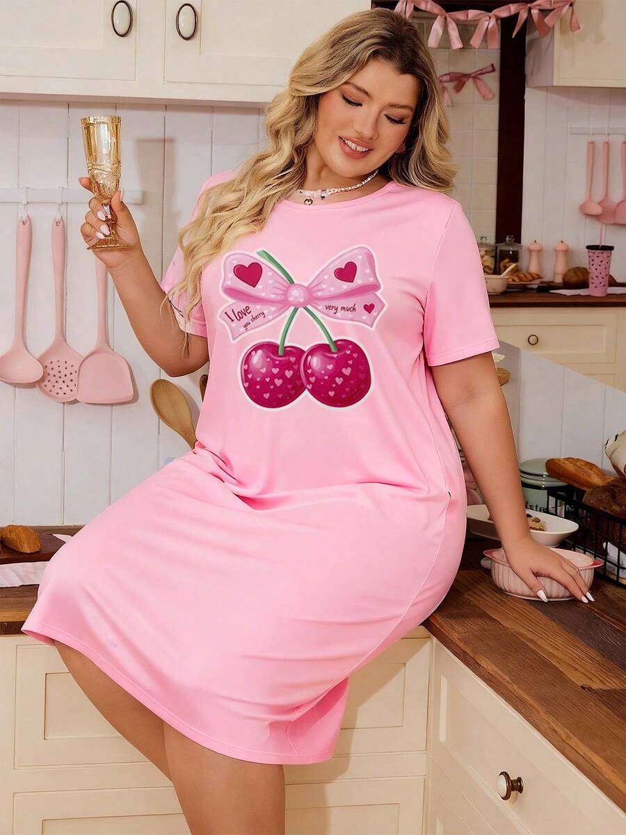 Plus Size Women's Nightgown, Pink Cartoon Cherry Print, Short Sleeve Long Dress Loungewear, Loose & Comfortable, Suitable For Summer