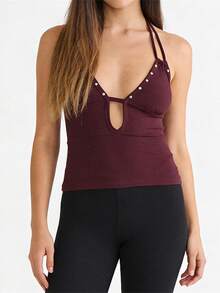Womens Solid Halter Tank Tops Adjustable Tie Neck Front Cutout Slim Fit Vest With Round Stud Detail - Burgundy - View 3