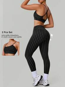2 PCS CO Ord Sportswear Set Women's Polka Dot Print Adjustable Cross Straps Backless Sports Bra And High Waist Hip Lifting Sports Yoga Leggings - Black - View 11